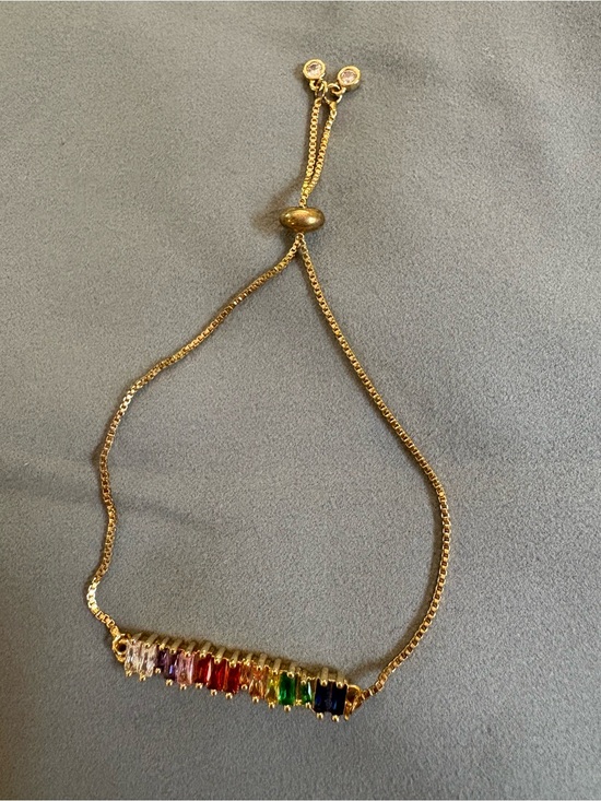 Jewelry - Gold-Tone Rainbow CZ Bar Bracelet - Adjustable slider
